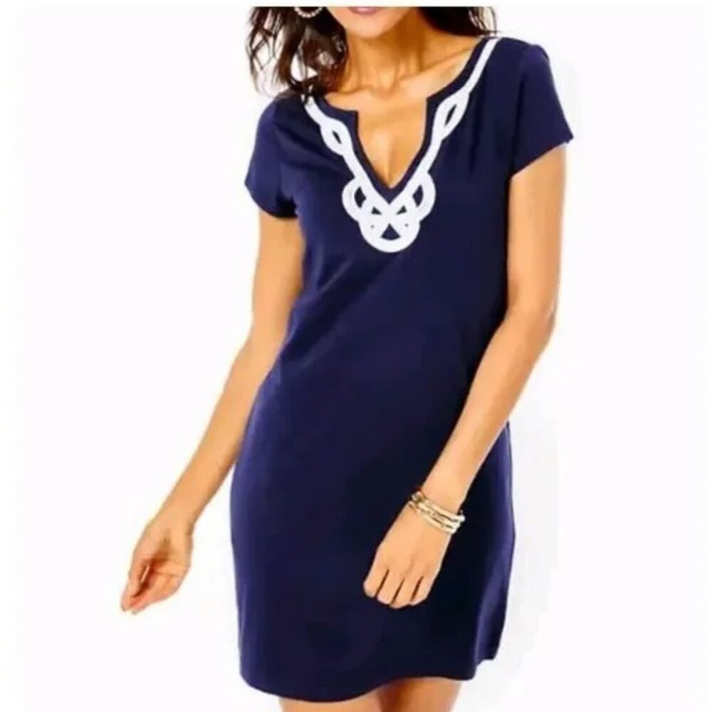 Lilly Pulitzer Brewster Contrast Trim T-Shirt Dress Pima Cotton Navy Size Large